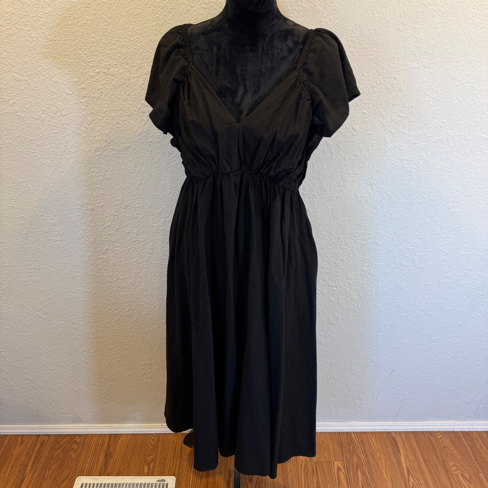 Beholden Apparel Black V-Neck Smocked Back Flutter Sleeve Midi Dress Women Linen